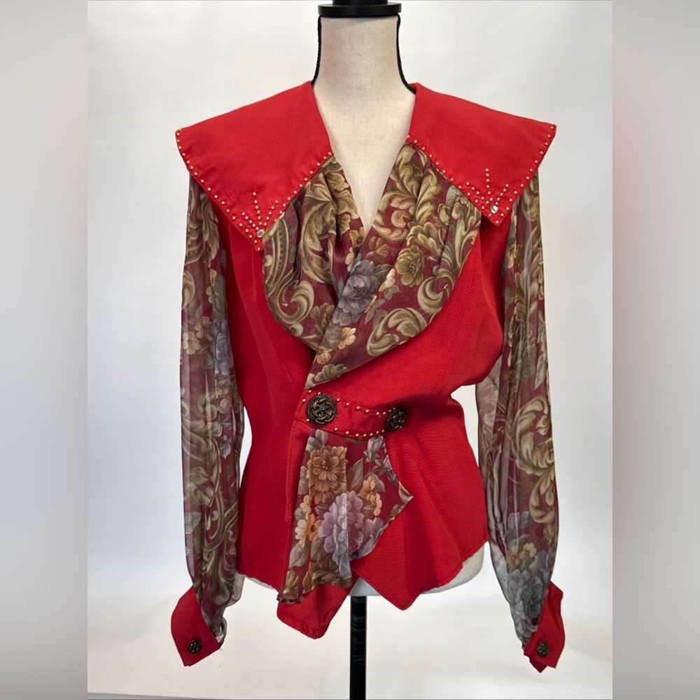 Mon-Liz Paris Blazer Jacket Womens Sz M Red Sheer Floral Sleeve Art To Wear Boho